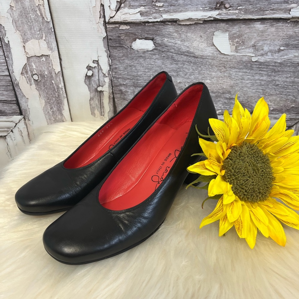 Pas De Rouge Vivi Black Leather Heels Pumps Size 39 1/2